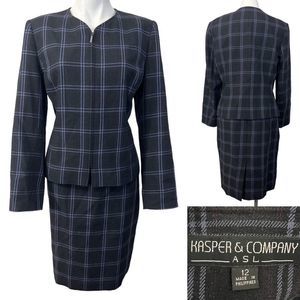 Kasper & Co skirt suit size 12 black plaid 100% wool long sleeve